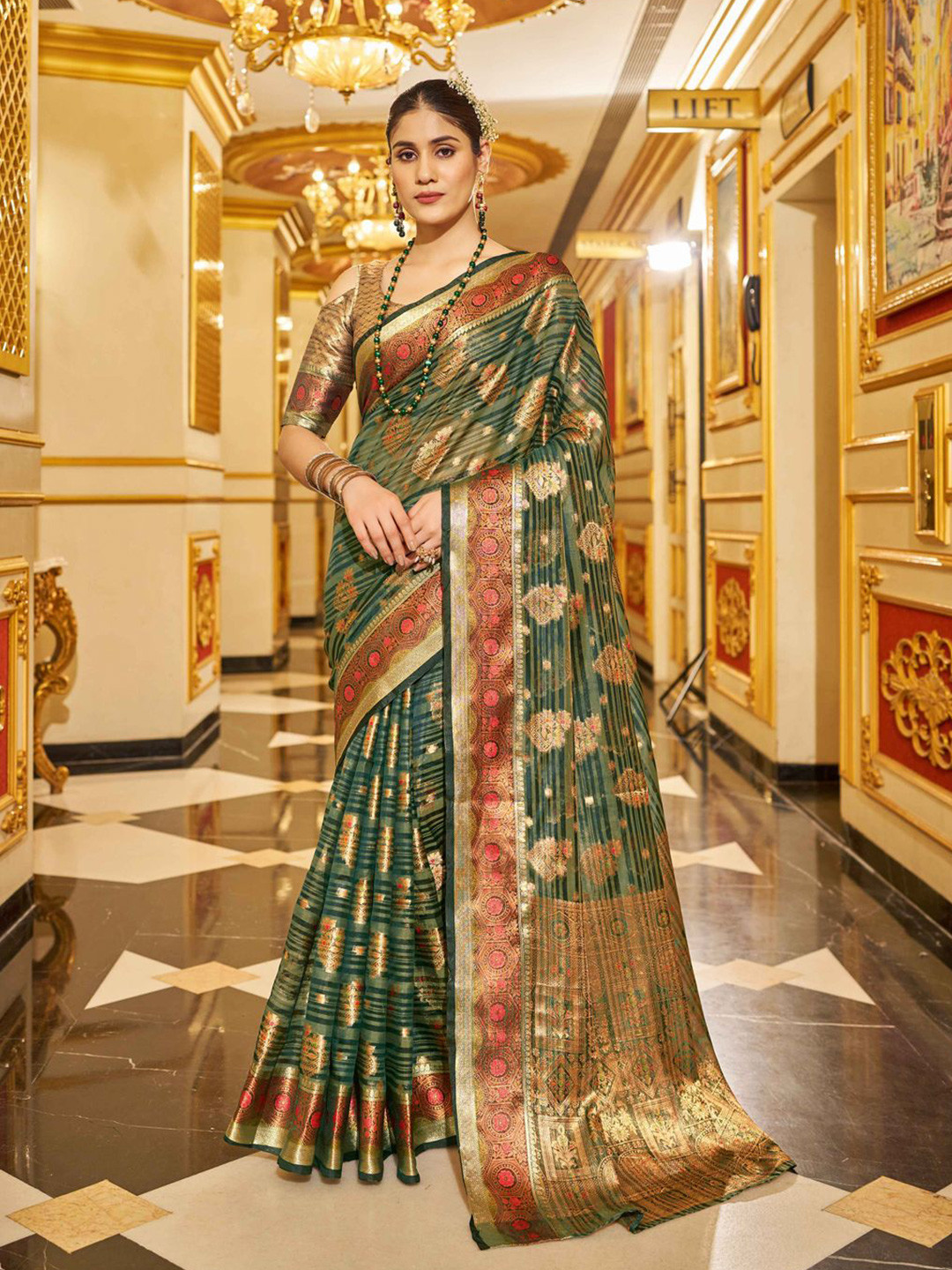 

Krimmple Woven Design Saree With Zari Border, Green