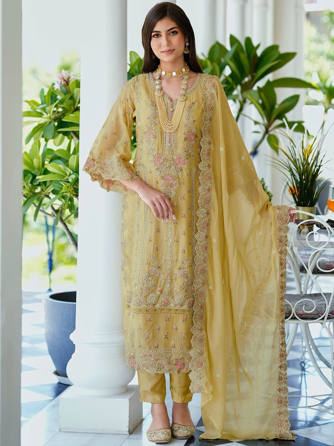 

AUTUMN LANE Ethnic Motifs Embroidered Thread Work Organza Kurta With Trousers & Dupatta, Yellow