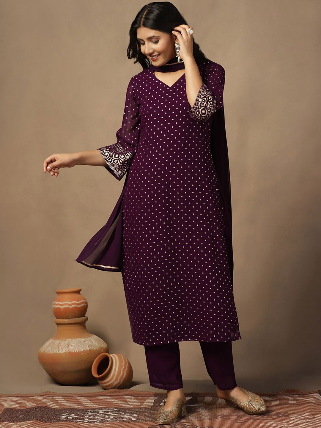 

BAESD Polka Dots Printed Georgette Straight Kurta With Trouser & Dupatta, Maroon