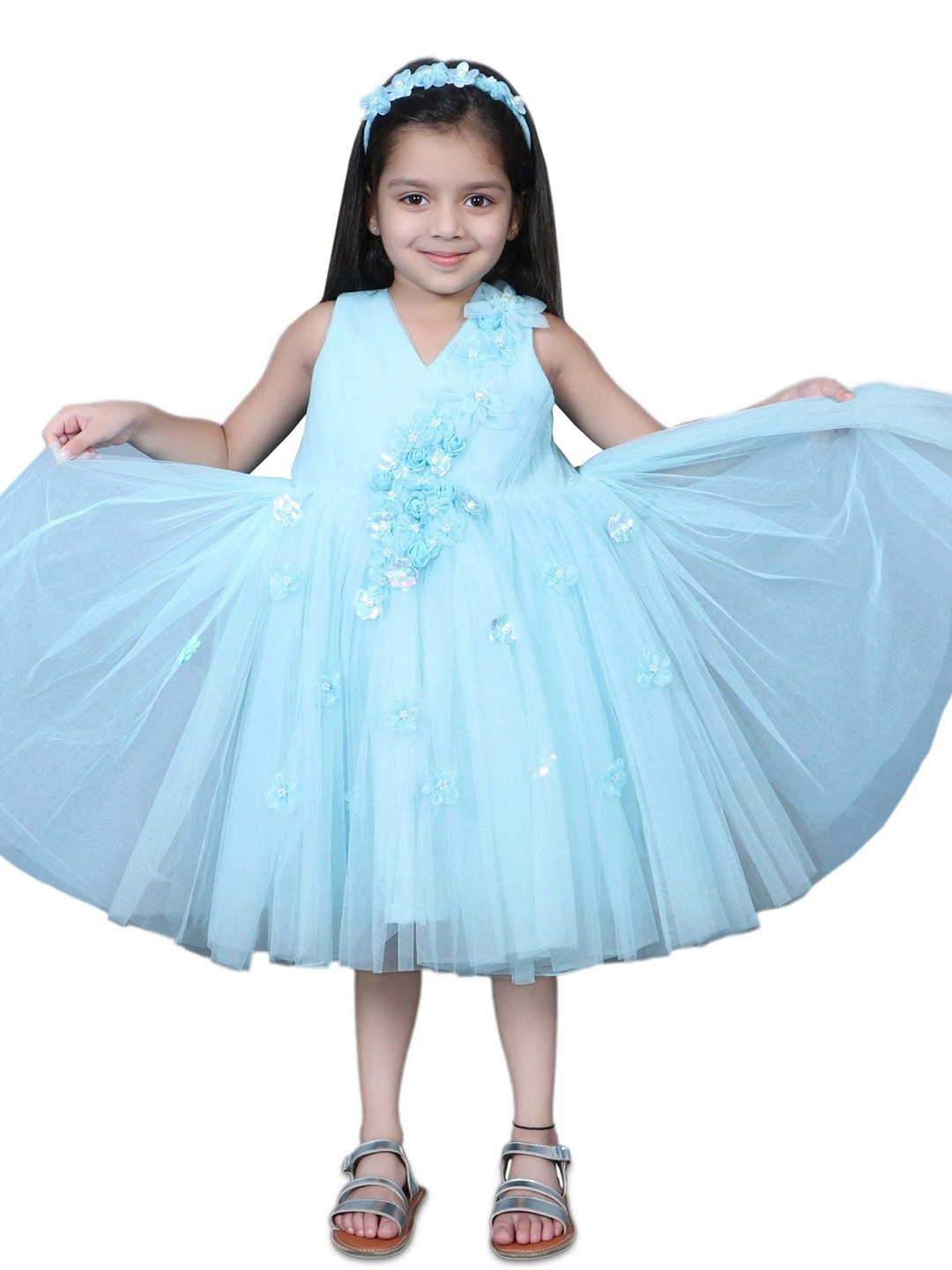 

EthIndia Girls Embellished V-Neck Fit & Flare Dress, Turquoise blue