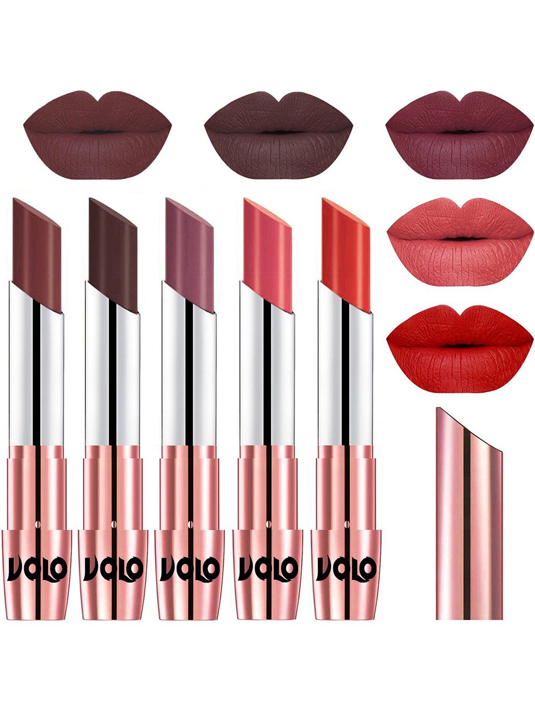 

VOLO Set Of 5 Creme Matte Lipstick-Coffee 34-Chocolate 35-Plum 36-Dark Peach 37-Orange 49, Brown