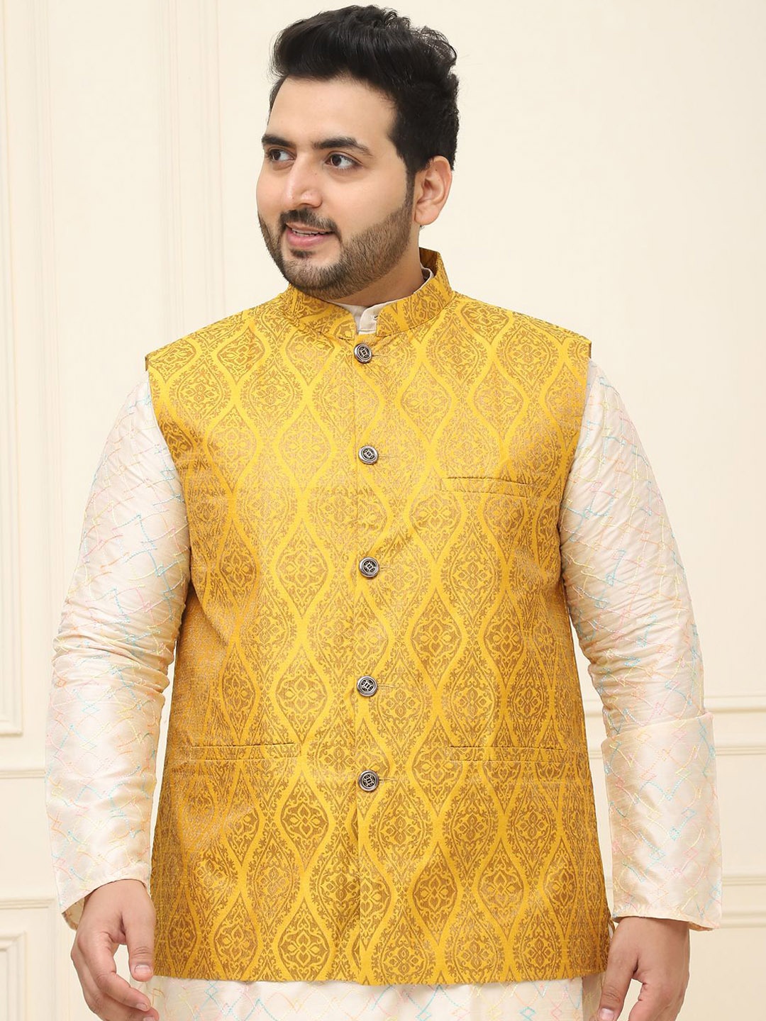 

SOJANYA PLUS Men Plus Size Printed Mandarin Collar Nehru Jacket, Mustard