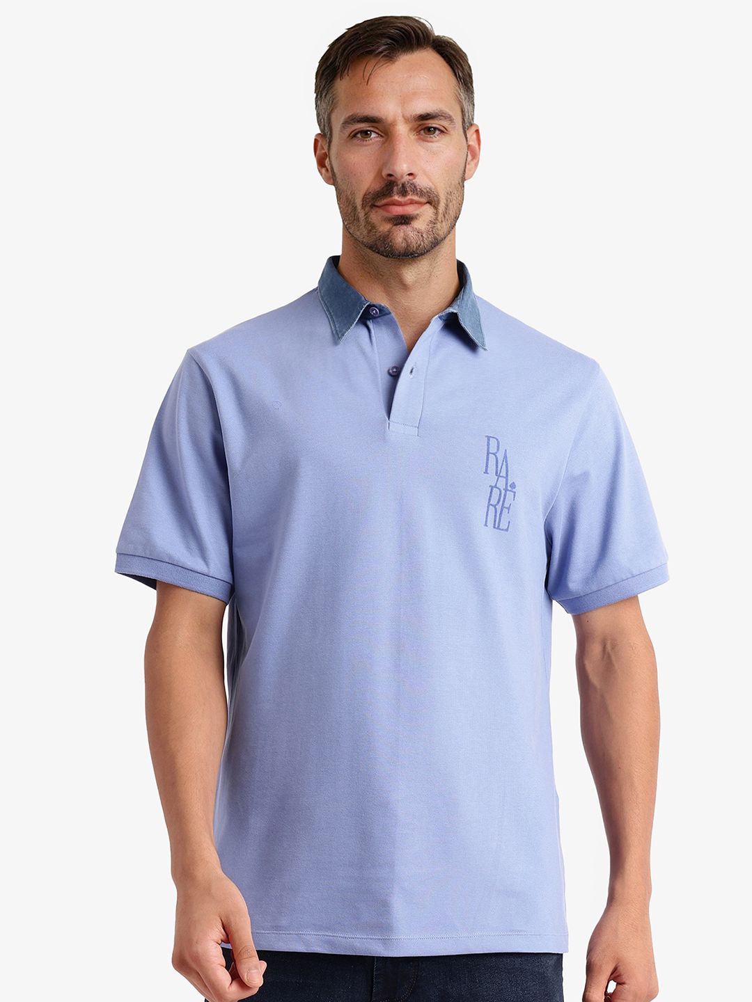 

RARE RABBIT Men Solid Polo Collar Cotton T-shirt, Blue