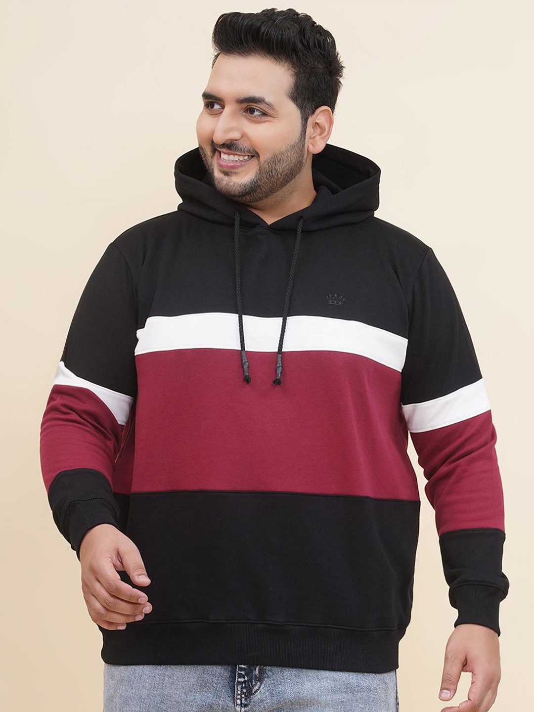 

John Pride Men Plus Size Colourblocked Hooded Pure Cotton Sweatshirt, Black