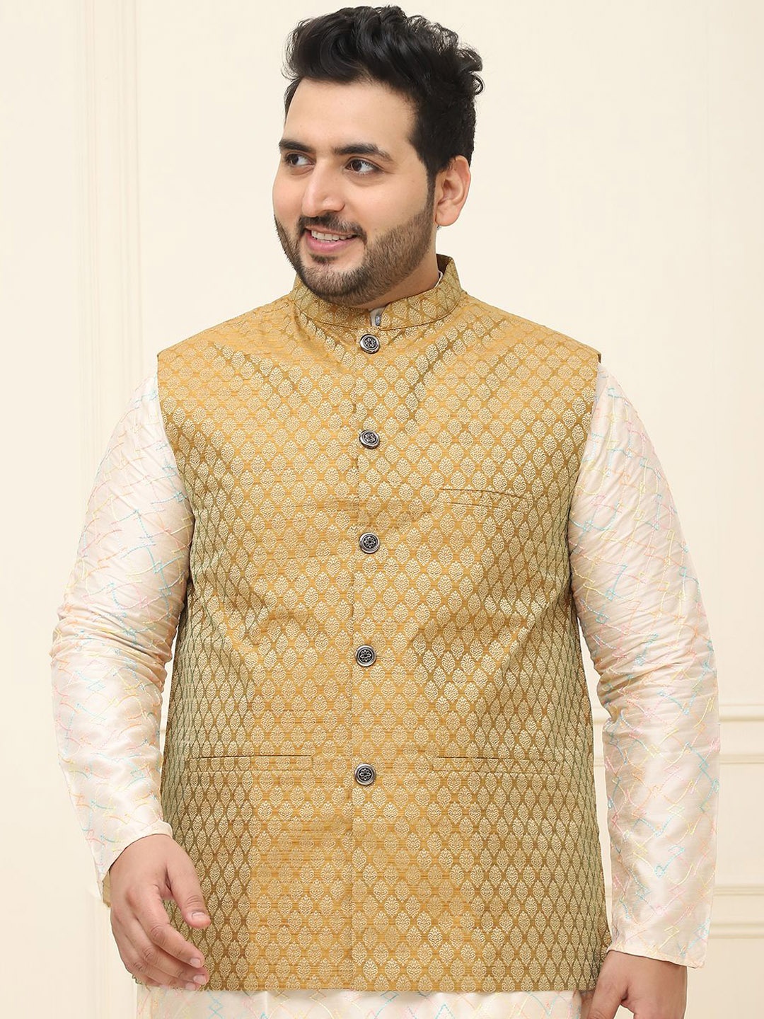 

SOJANYA PLUS Men Printed Nehru Plus Size Jacket, Mustard