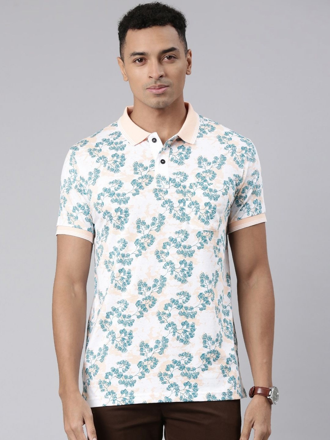 

Classic Polo Men Floral Printed Polo Collar Cotton Slim Fit T-shirt, White