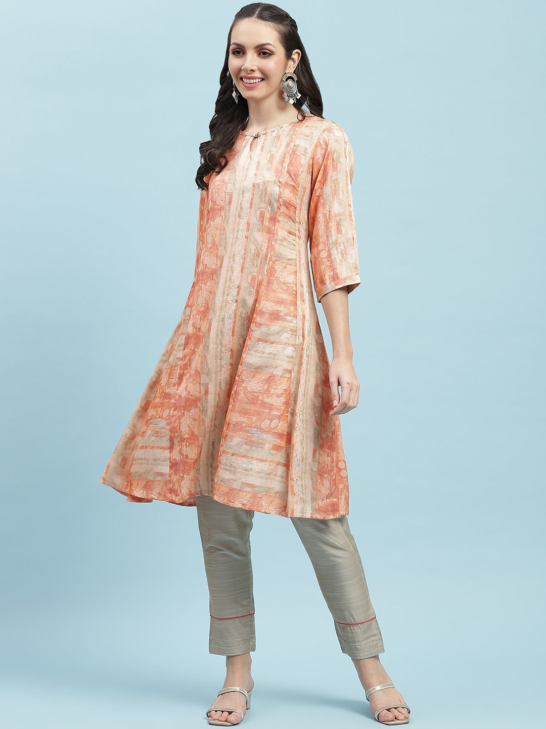 

Shree Printed Round Neck Liva A-Line Kurta, Orange