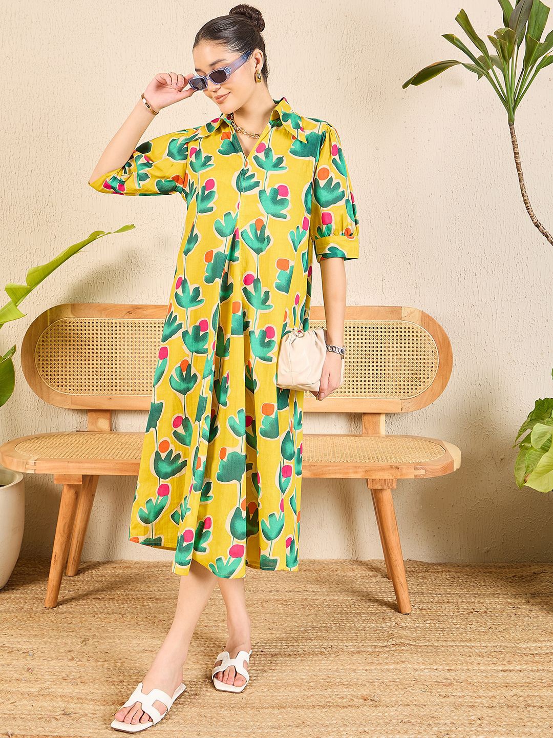 

Uptownie Front Pleated Cotton Midi Dress, Yellow