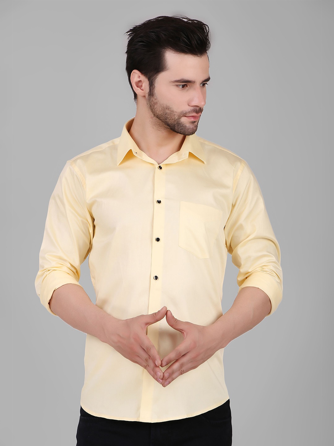 

DESIGN UP Men Comfort Spread Collar Solid Cotton Slim Fit Casual Shirt, Yellow