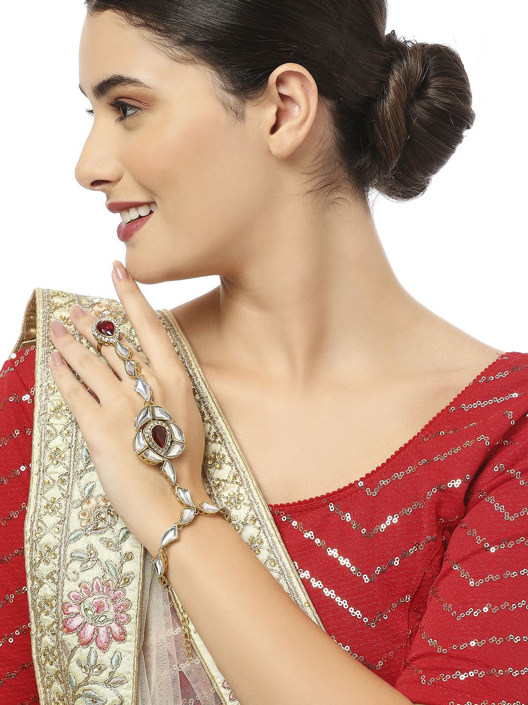 

Anouk Kundan & Pearls Studded Ring Bracelet, Gold