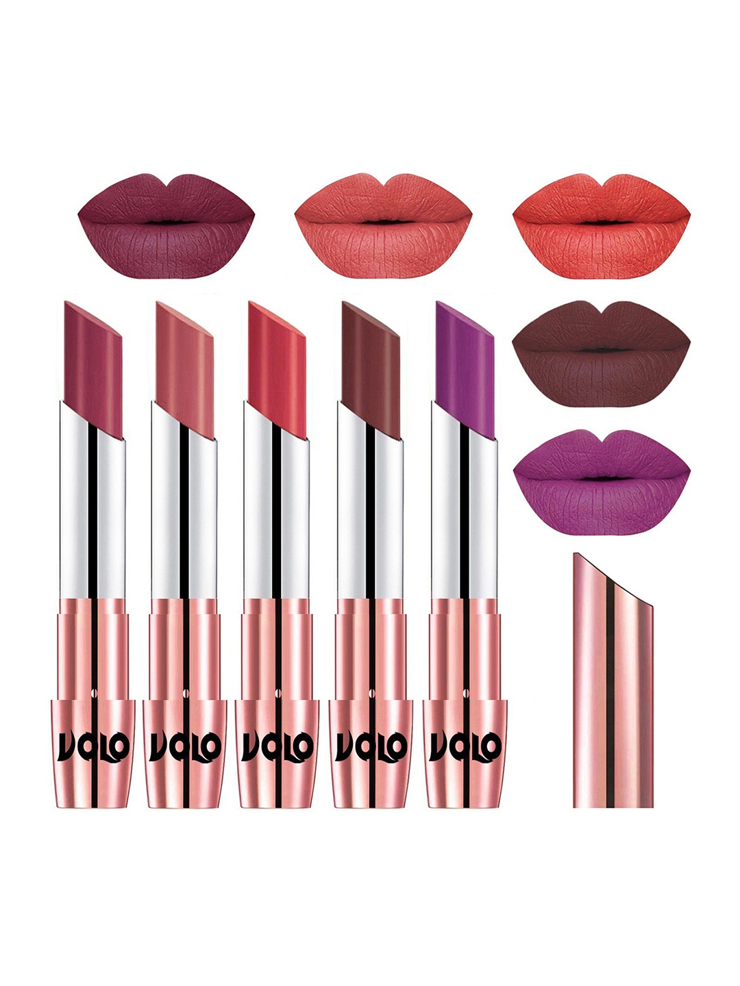 

VOLO Set Of 5 Creme Matte Lipstick - 3.5 g Each -Dark Peach-Maroon-Red-Passion Pink-Purple, Multi