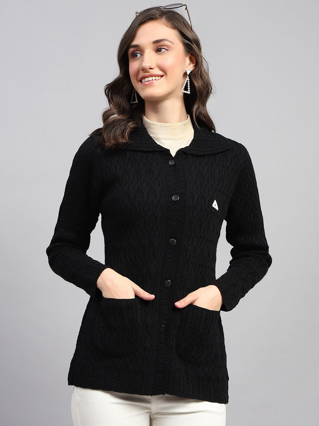 

Monte Carlo Women Cable Knit Woollen Cardigan, Navy blue