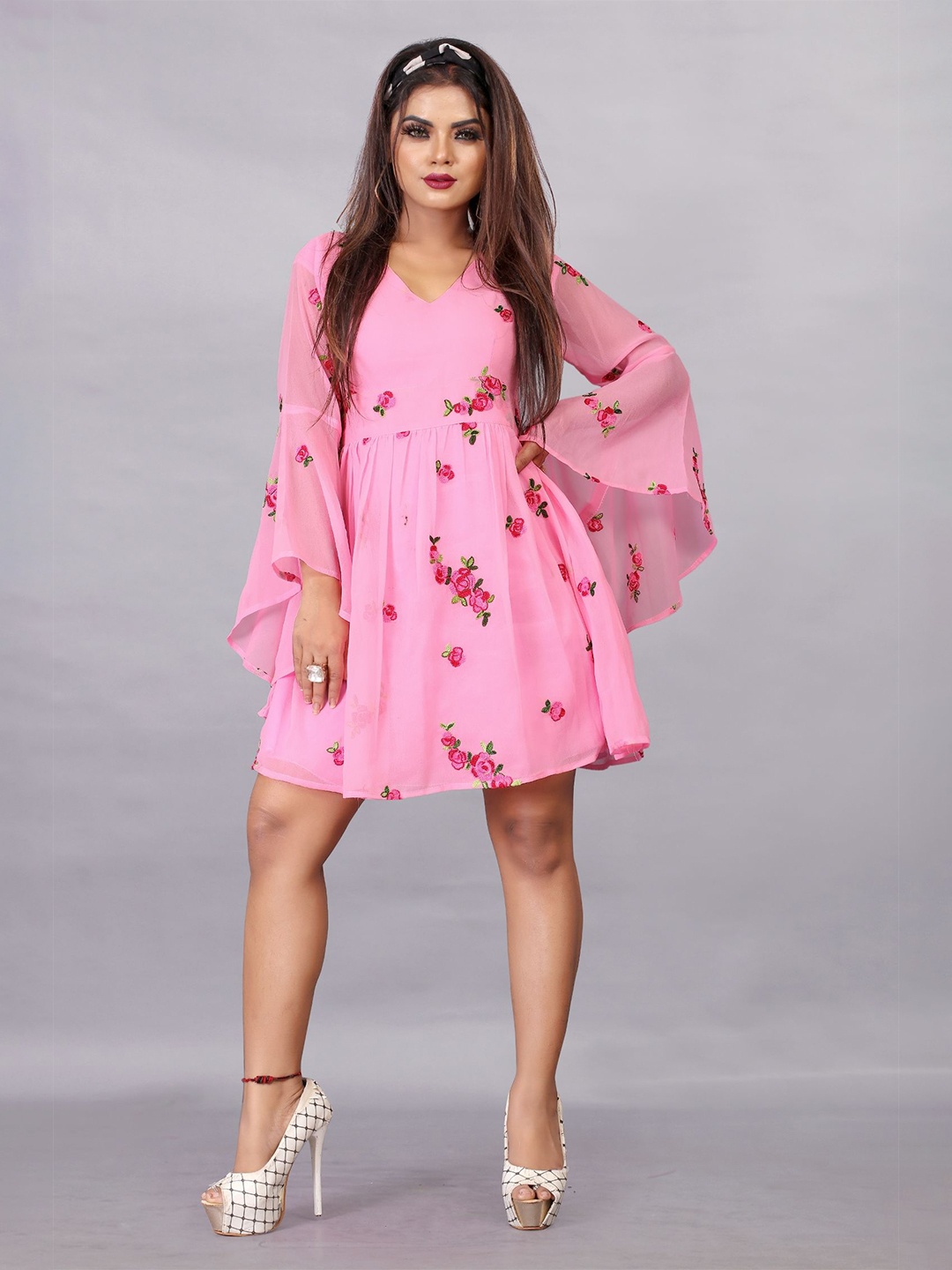 

JULEE Floral Embroidered Bell Sleeve Georgette Fit & Flare Dress, Pink