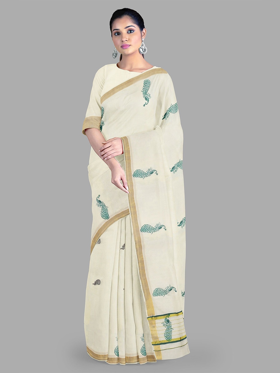 

The Chennai Silks Woven Design Zari Pure Cotton Kasavu Saree, Off white