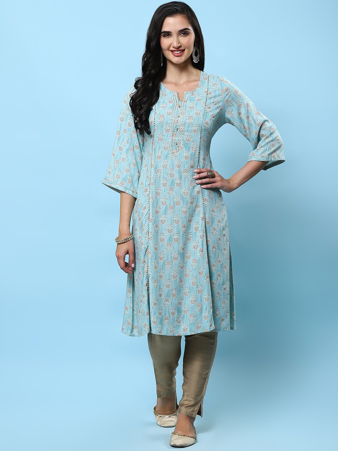 

Shree Floral Printed Gotta Patti Liva A-Line Kurta, Blue