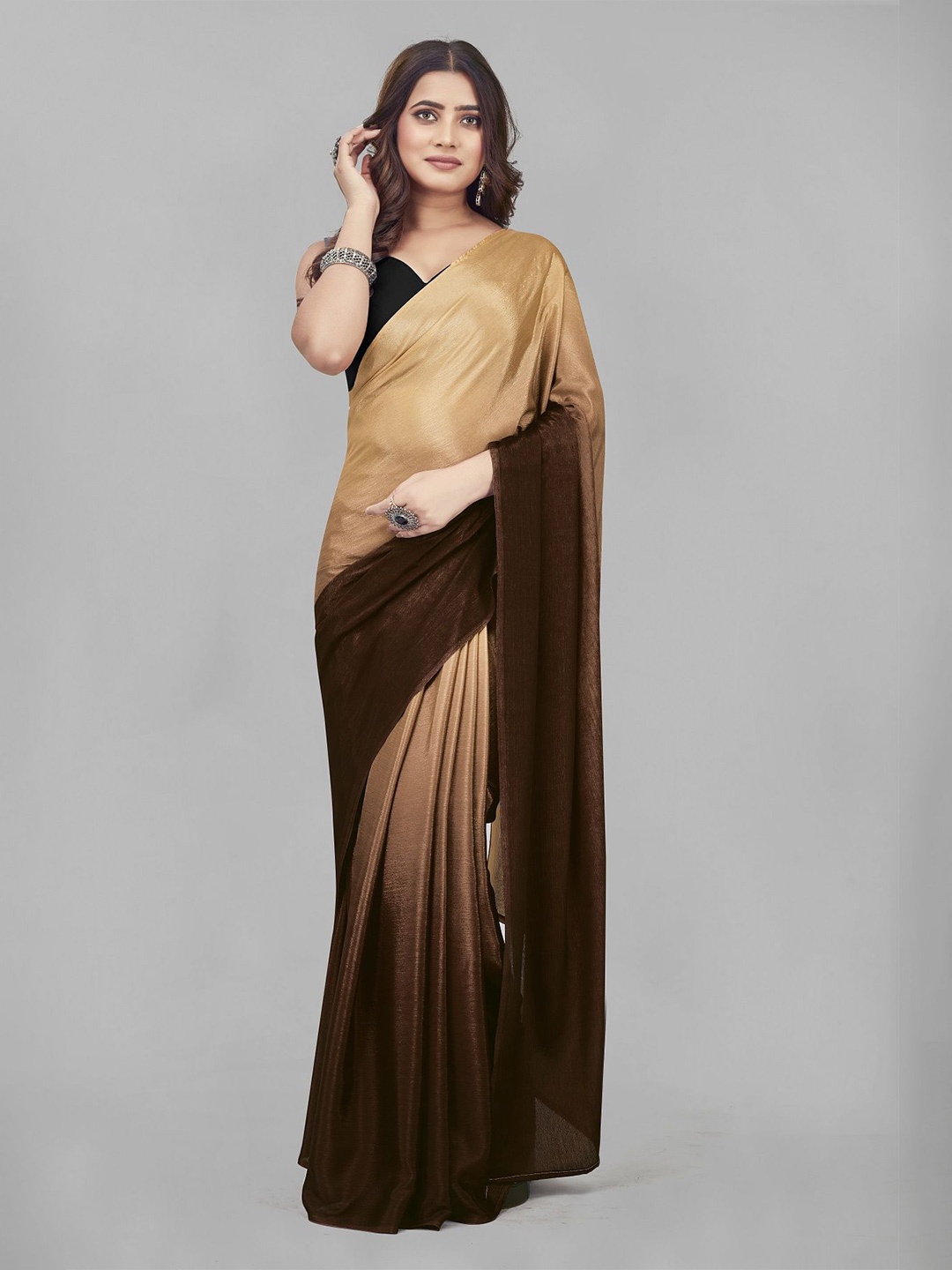 

LADY SHOPI Solid Ombre Pure Chiffon No Border Festive Saree, Brown