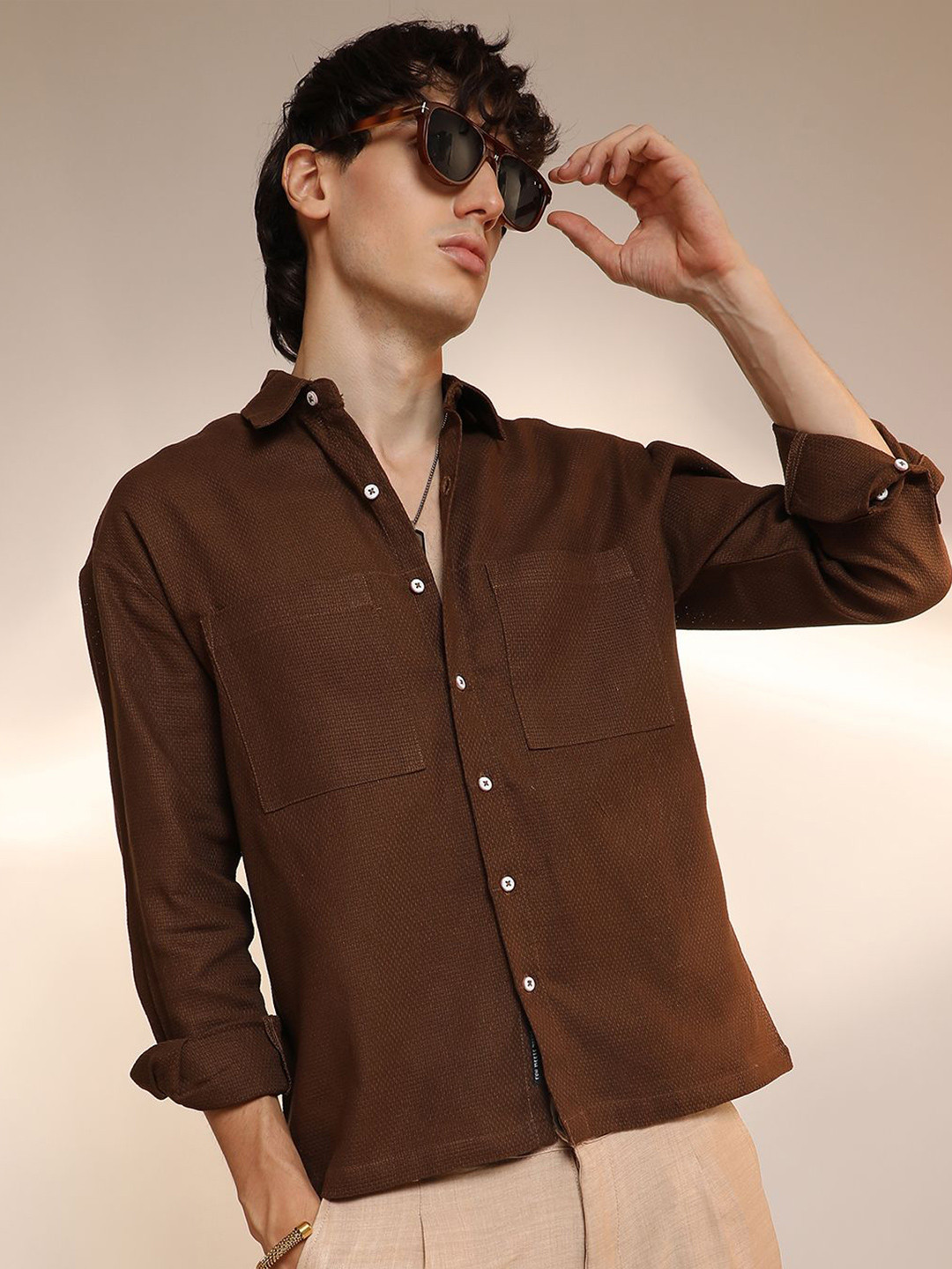 

Campus Sutra Men Comfort Spread Collar Textured Cotton Casual Shirt, Brown