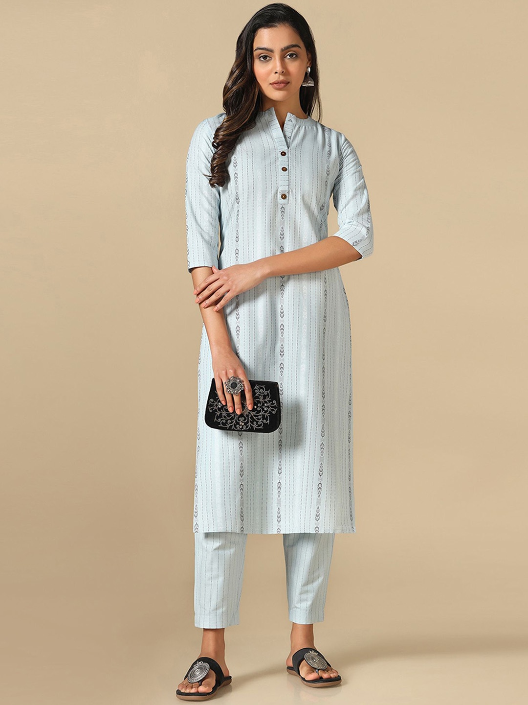 

KALINI Striped Mandarin Collar Thread Work Straight Kurta With Trousers, Blue
