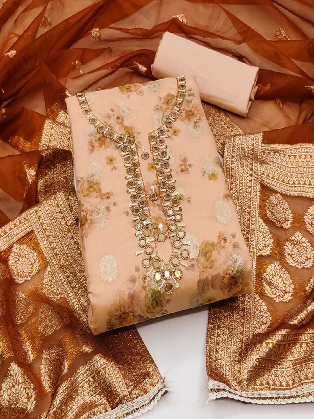 

ASISA Floral Embroidered Beads and Stones Art Silk Unstitched Dress Material, Peach