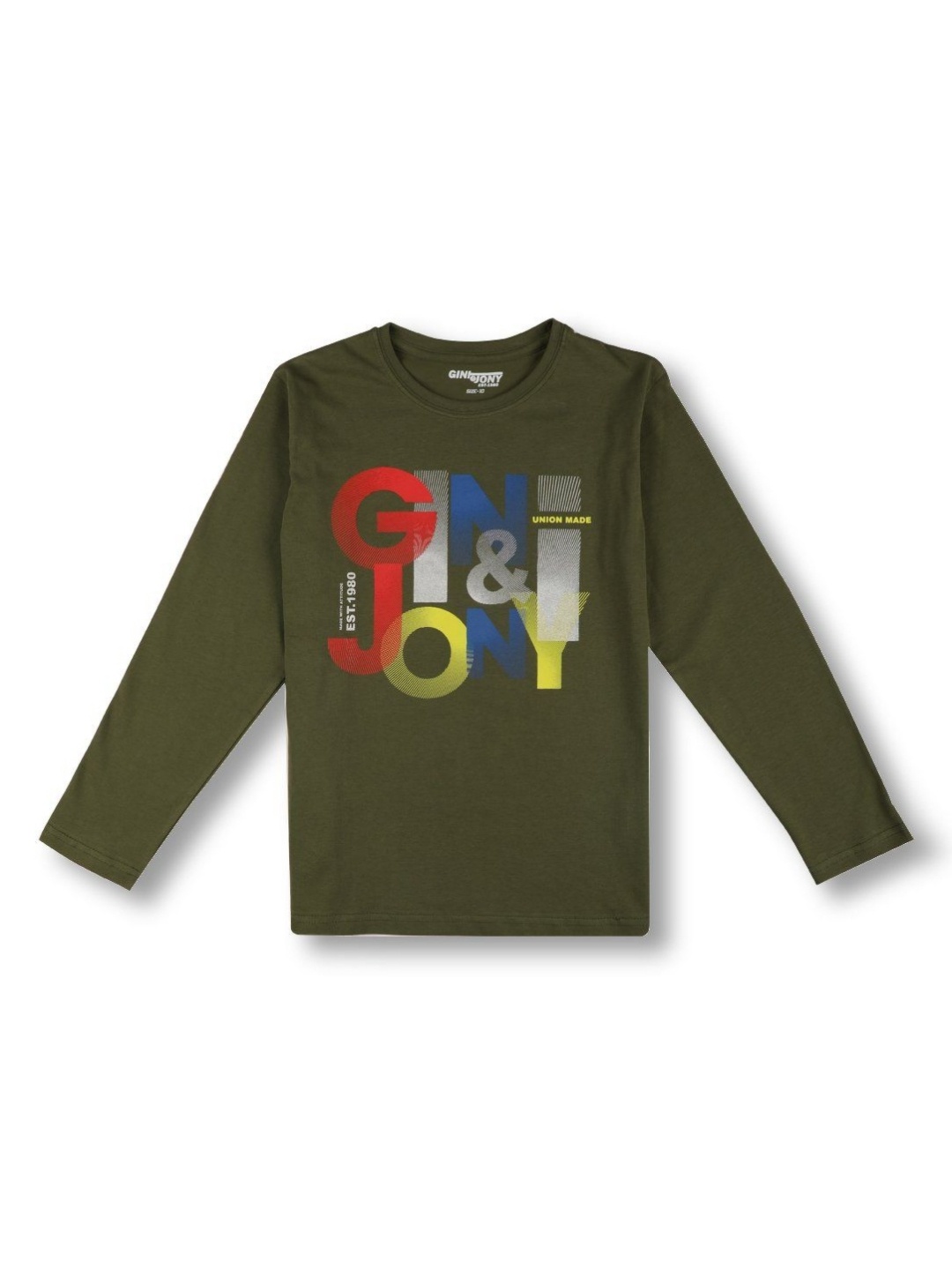 

Gini and Jony Boys Typography Printed Round Neck Cotton T-shirt, Olive