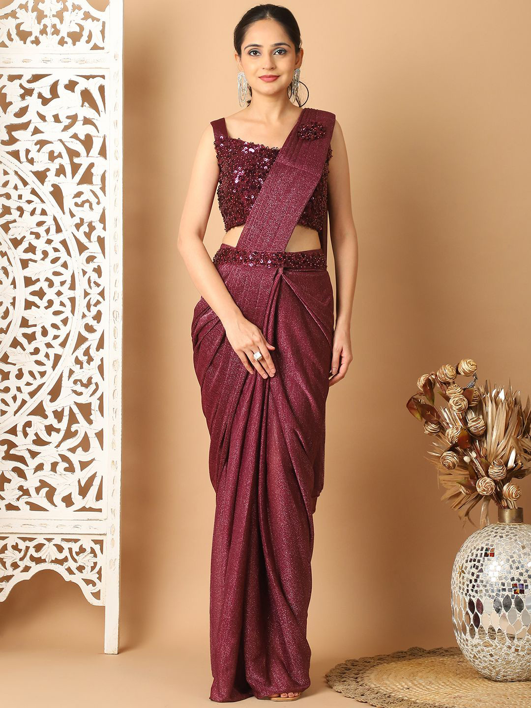 

Mitera Woven Design Ready to Wear Saree, Burgundy