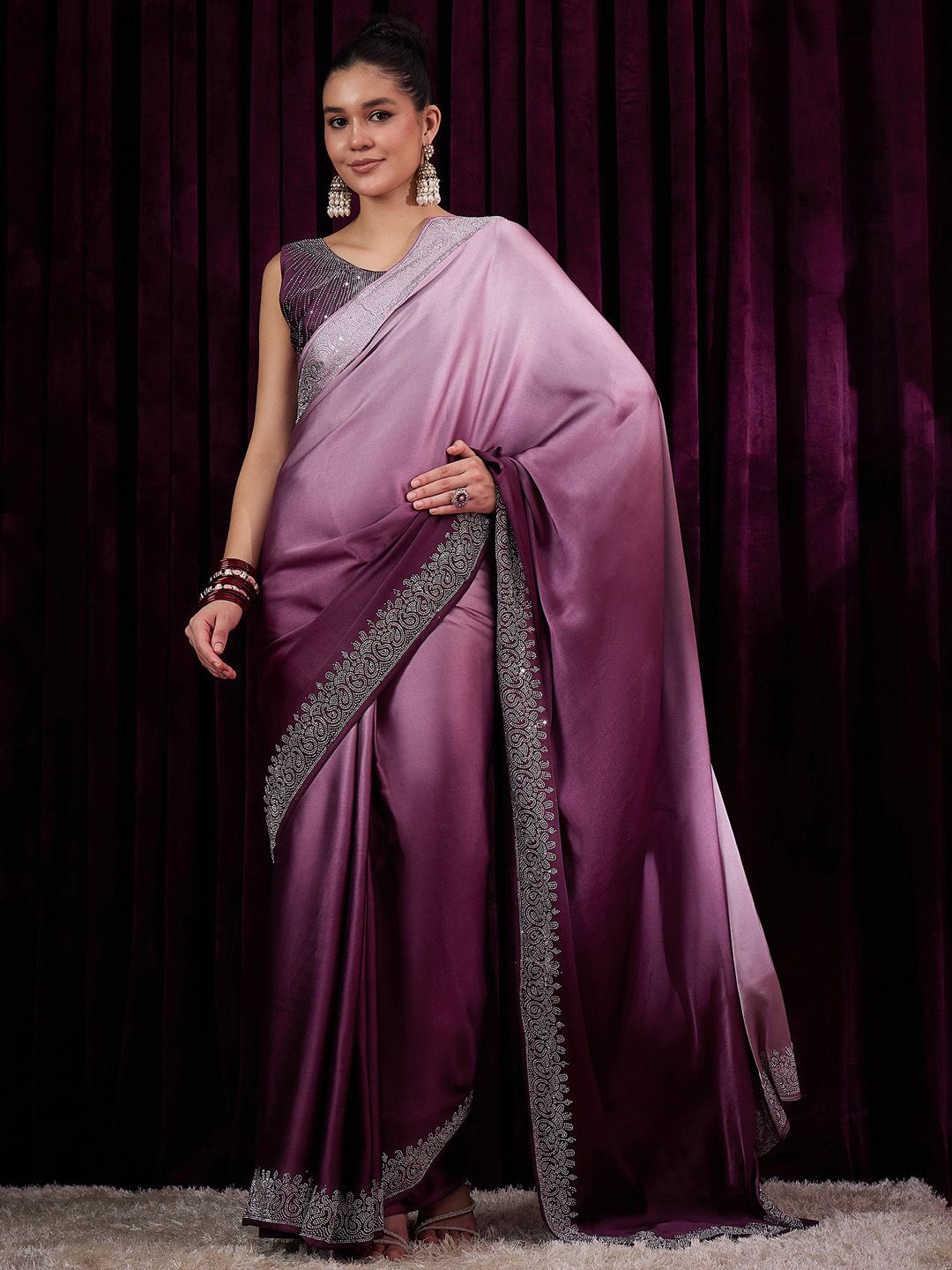 

Saree mall Solid Beads and Stones Satin Sarees, Magenta