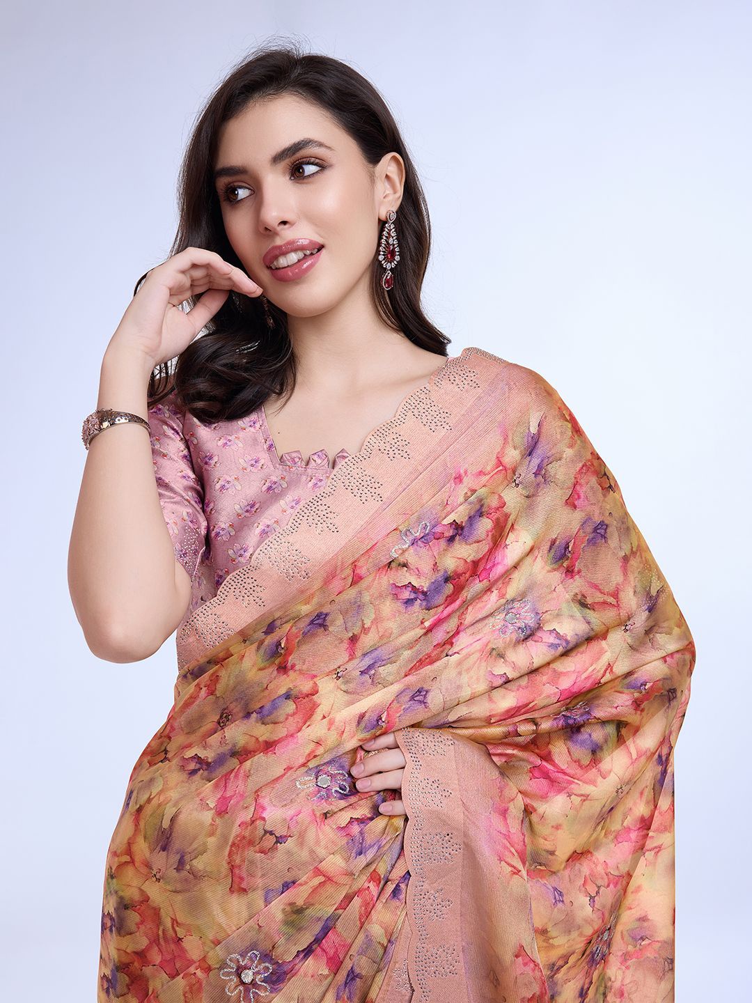 

Mitera Floral Printed Beads and Stones Poly Chiffon Saree, Orange