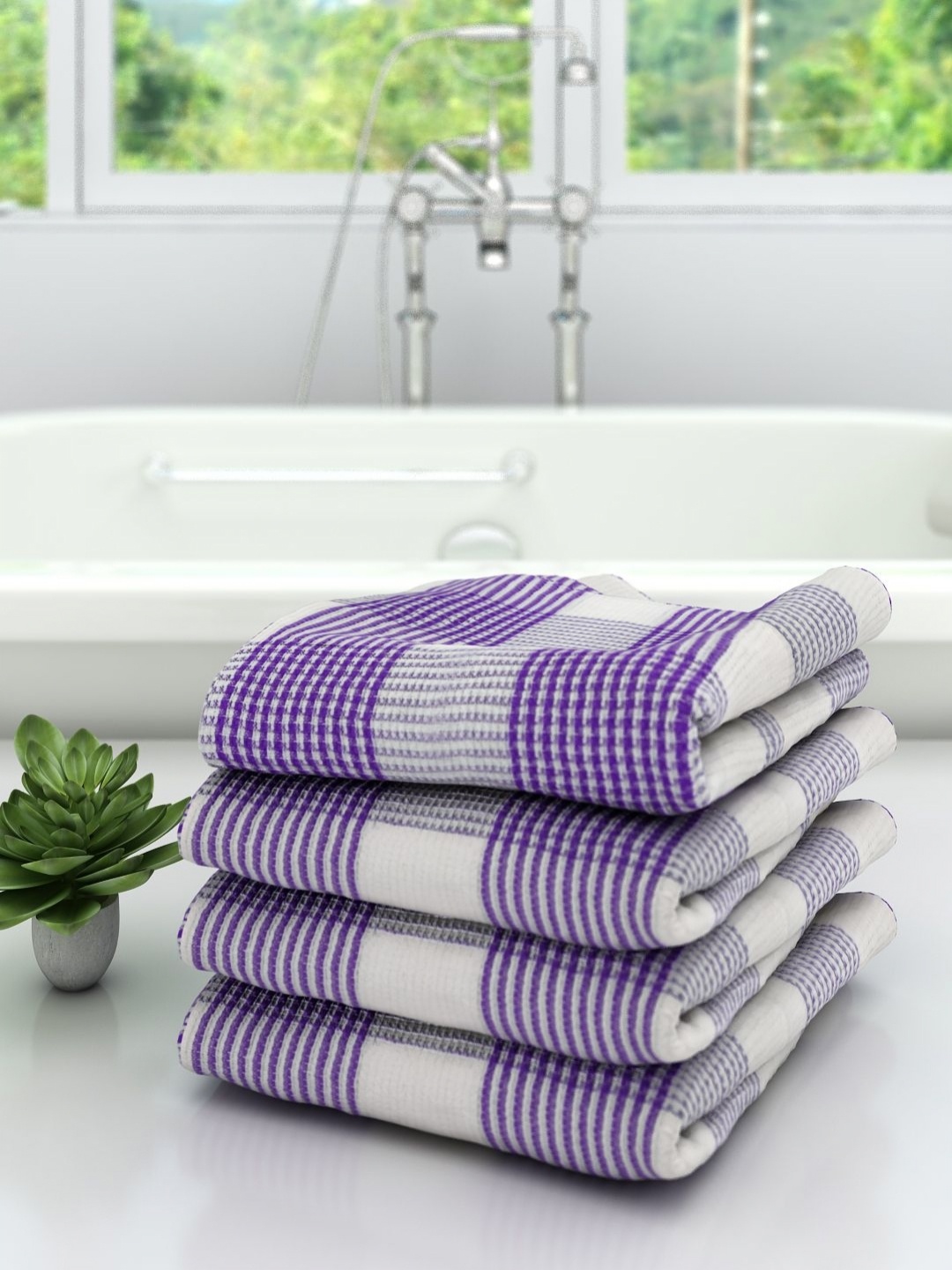 

Aura White & Purple 4 Pieces Checked Pure Cotton 210 GSM Bath Towels