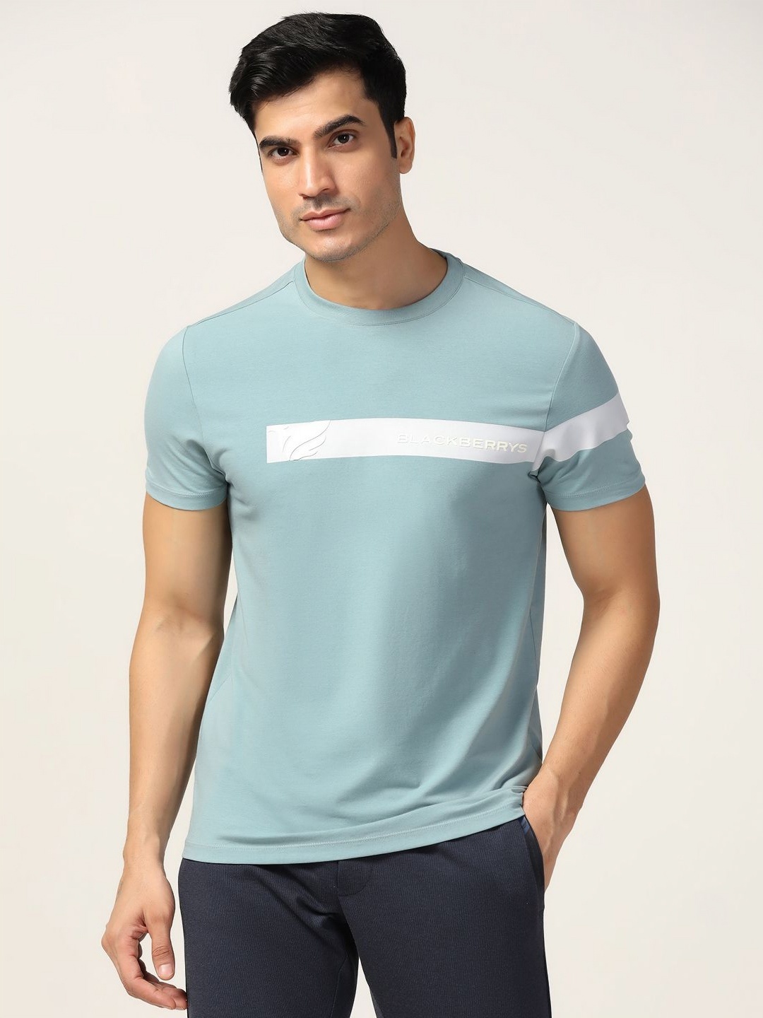 

Blackberrys Men Striped Round Neck Cotton Slim Fit T-shirt, Blue