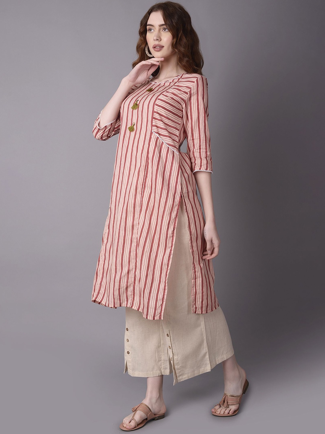 

Shree Striped Lace Detail Cotton Straight Kurta, Pink