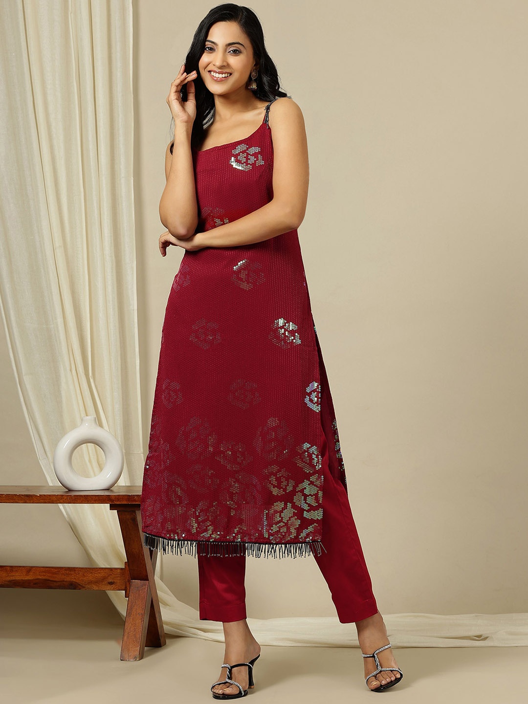 

Inddus Floral Embellished Sequinned Shoulder Straps Georgette A-Line Kurta, Maroon