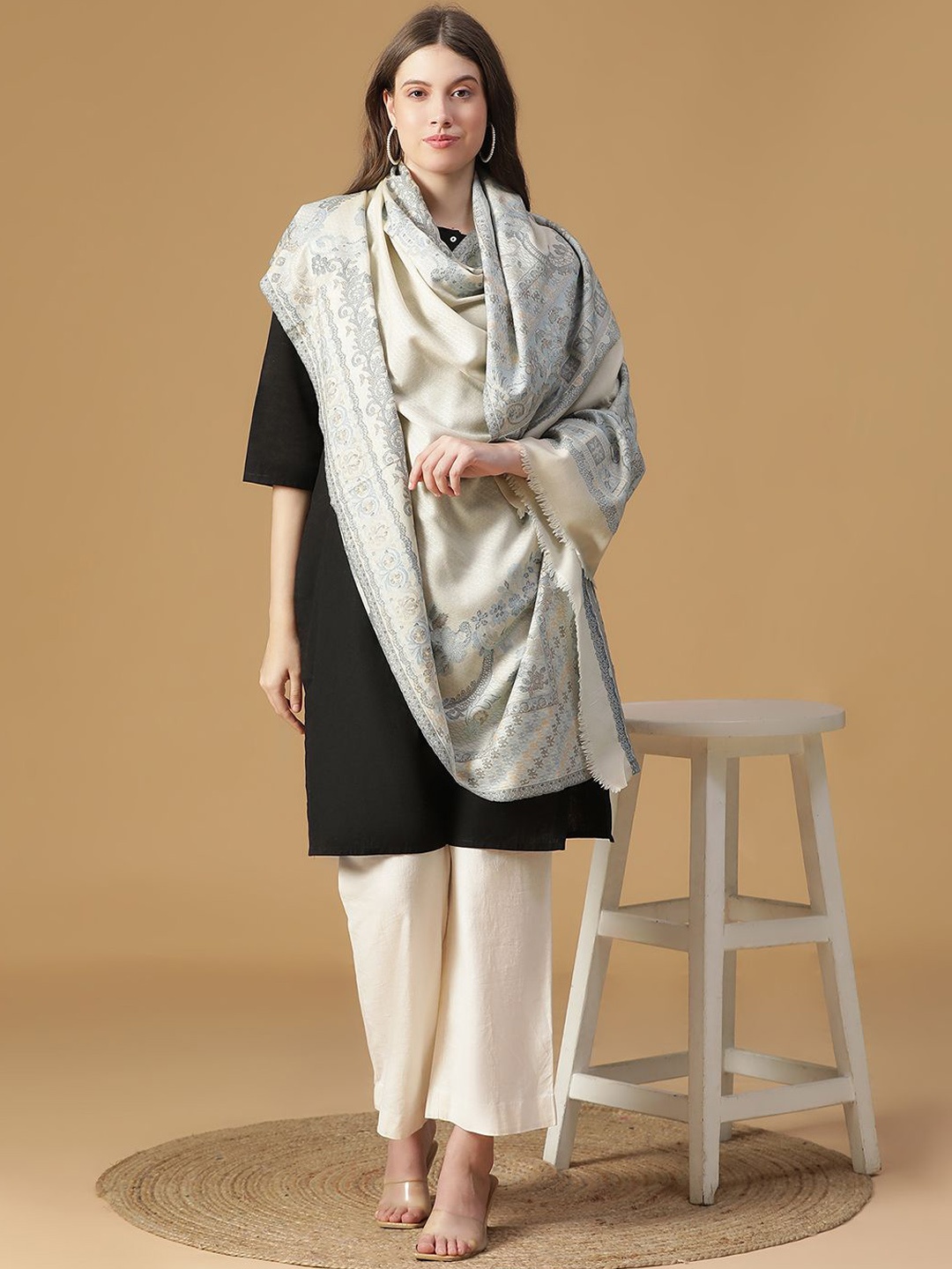 

SHINGORA Ethnic Motifs Woven Design Woollen Fringed Shawl, Off white
