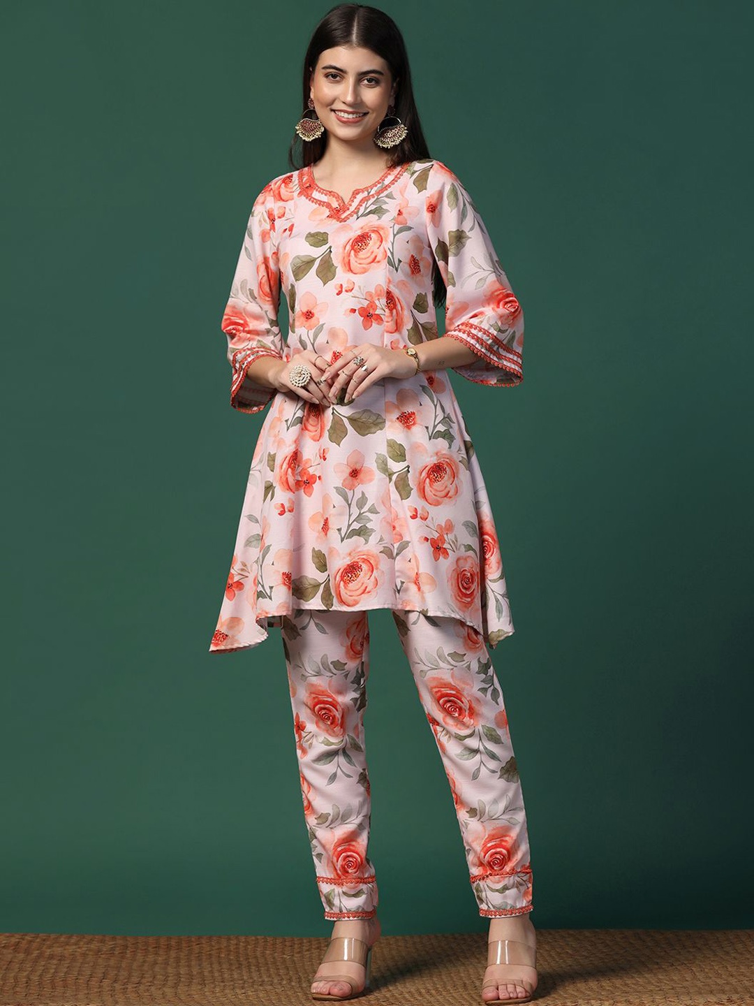 

BAESD Floral Printed A-Line Kurti With Trouser, Orange