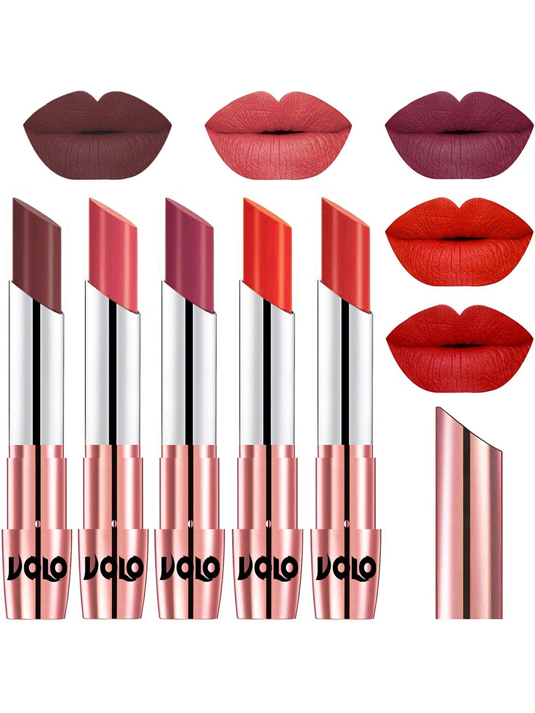 

VOLO Set Of 5 Creme Matte Lipstick-Coffee 34-Dark Peach 37-Rose Pink 38-Coral 39-Orange 49