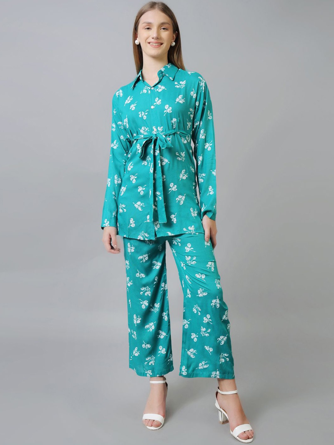 

Softwrap Floral Printed Shirt With Trousers Co-Ords, Turquoise blue