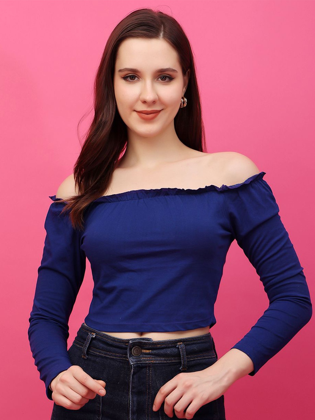

MINOS Women Solid Off-Shoulder Cotton Bardot Top, Navy blue