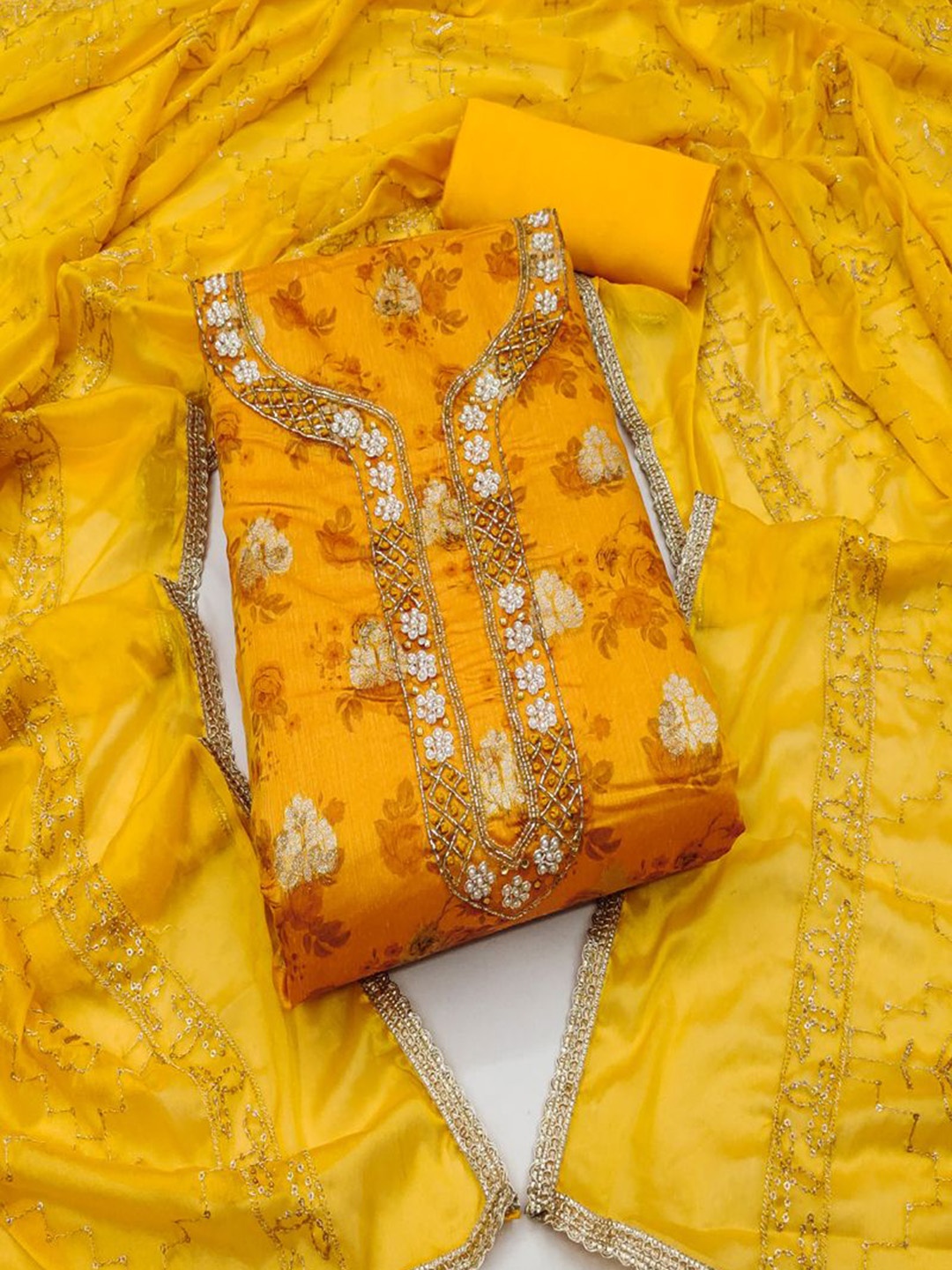 

ASISA Ethnic Motifs Printed Beads and Stones Unstitched Dress Material, Yellow