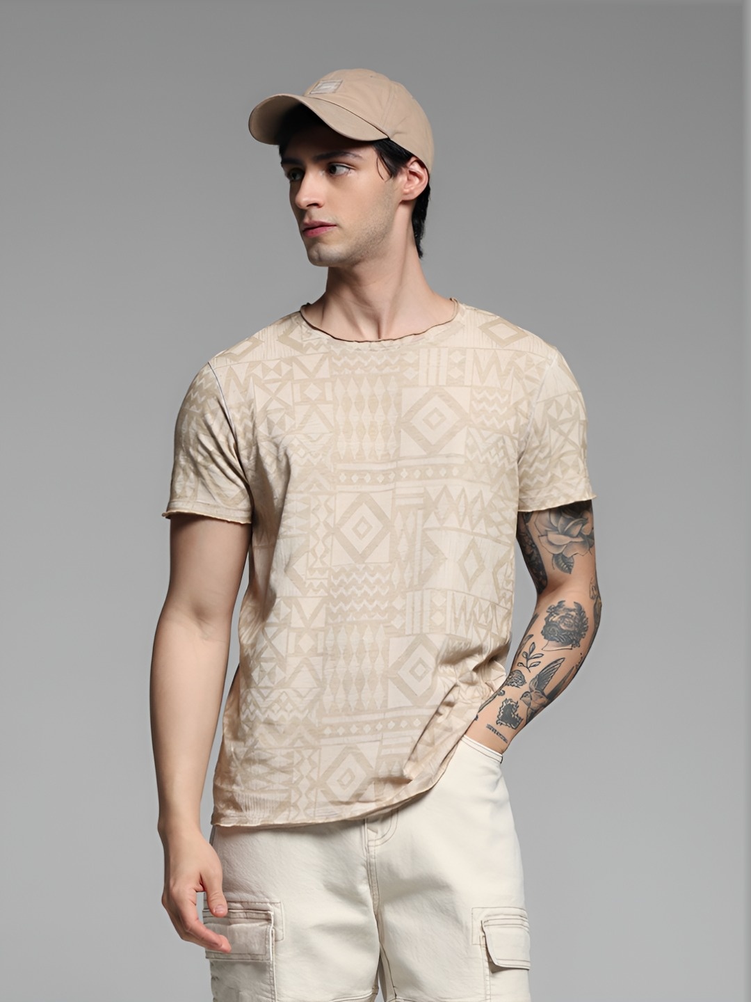 

Jack & Jones Men Abstract Printed Round Neck Cotton T-shirt, Beige