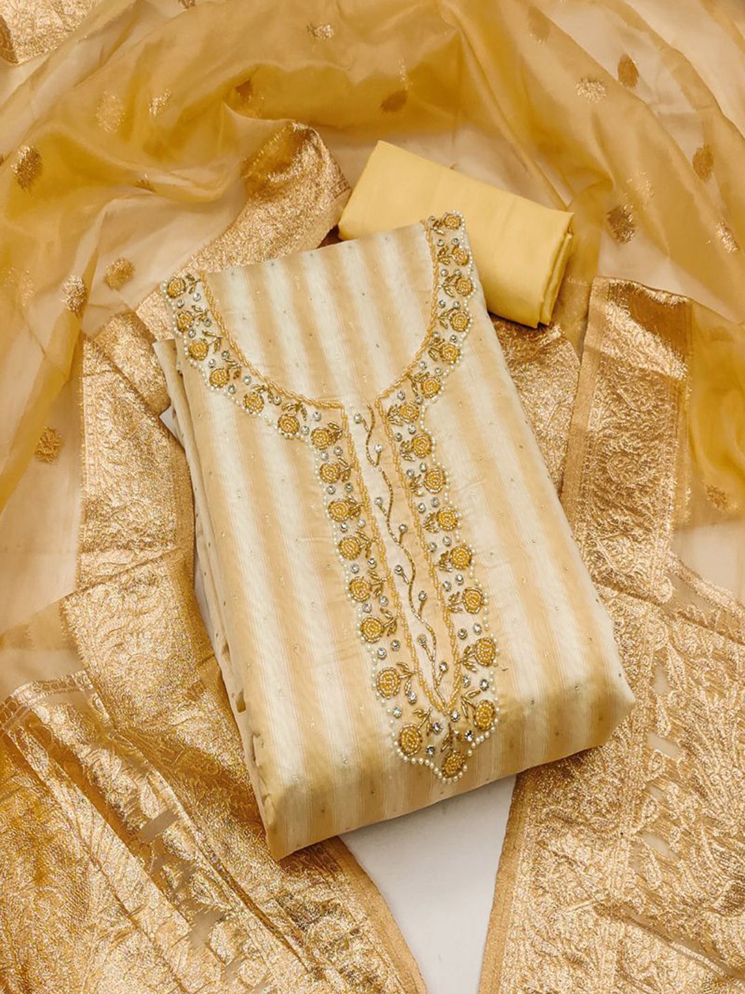 

ASISA Floral Embroidered Beads and Stones Unstitched Dress Material, Yellow
