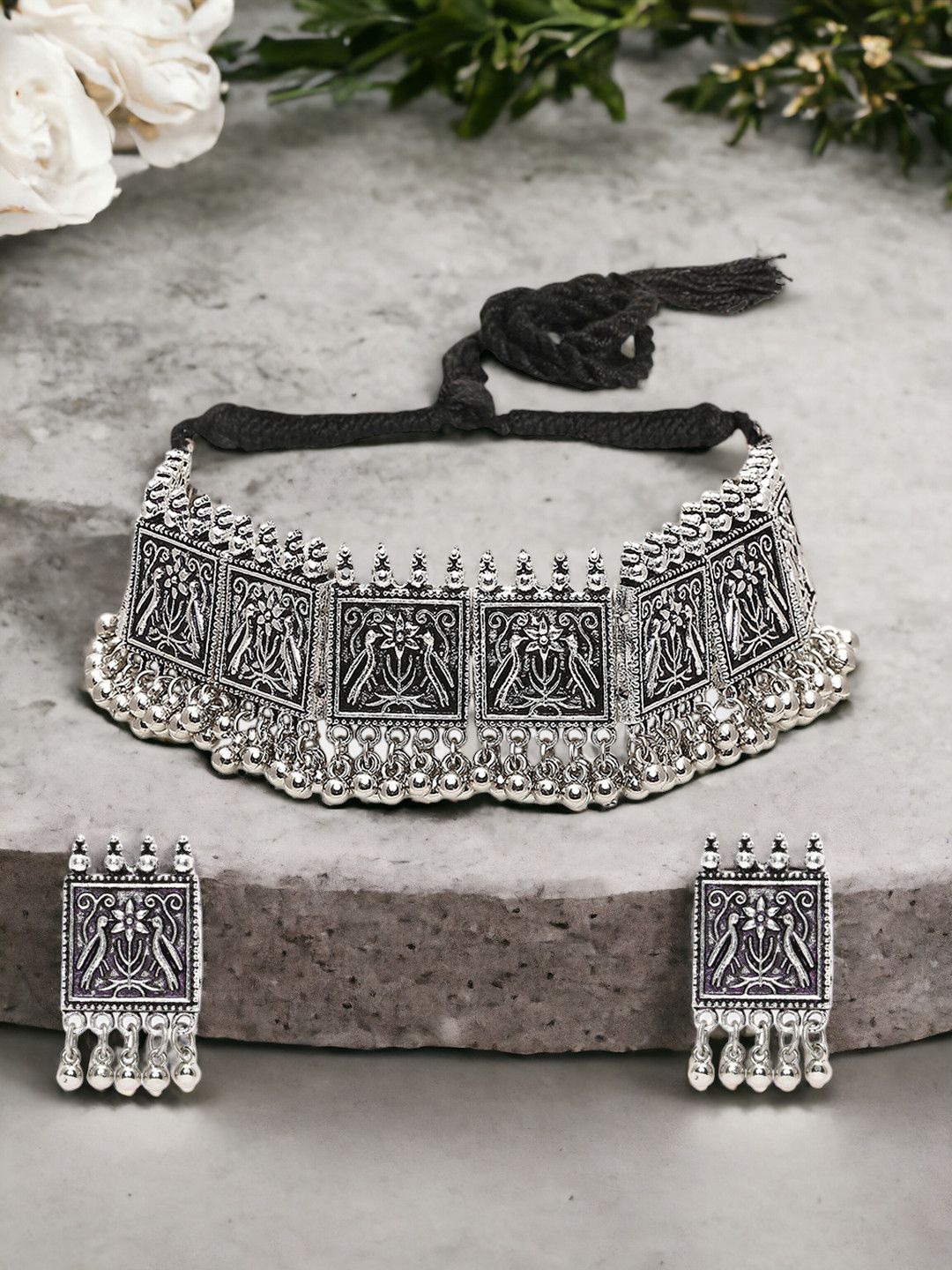 

Sangria Oxidised Beaded Jewellery Set, Silver