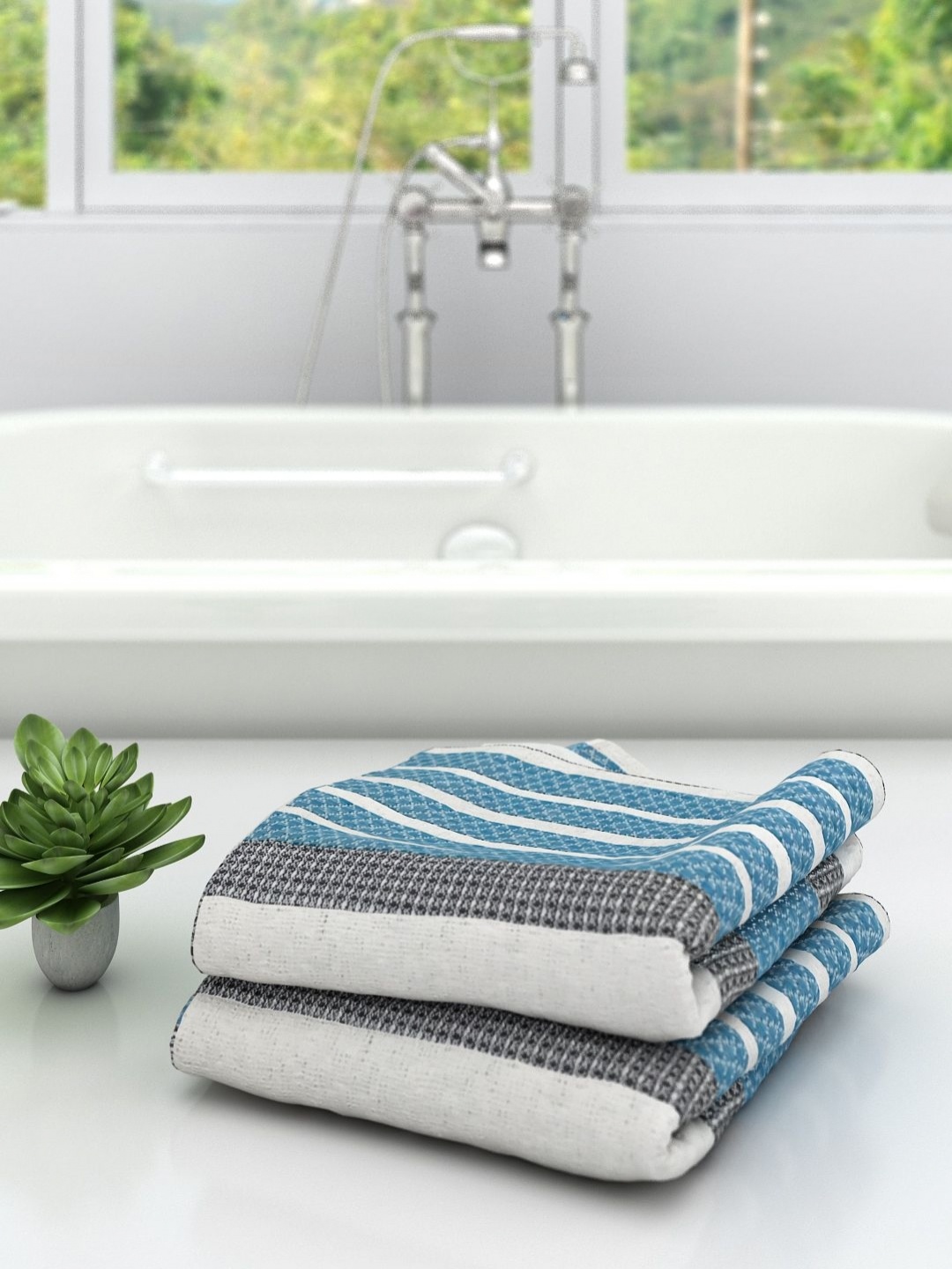 

Aura Blue & White 2 Pieces Striped High Absorbent Cotton 210 GSM Bath Towels