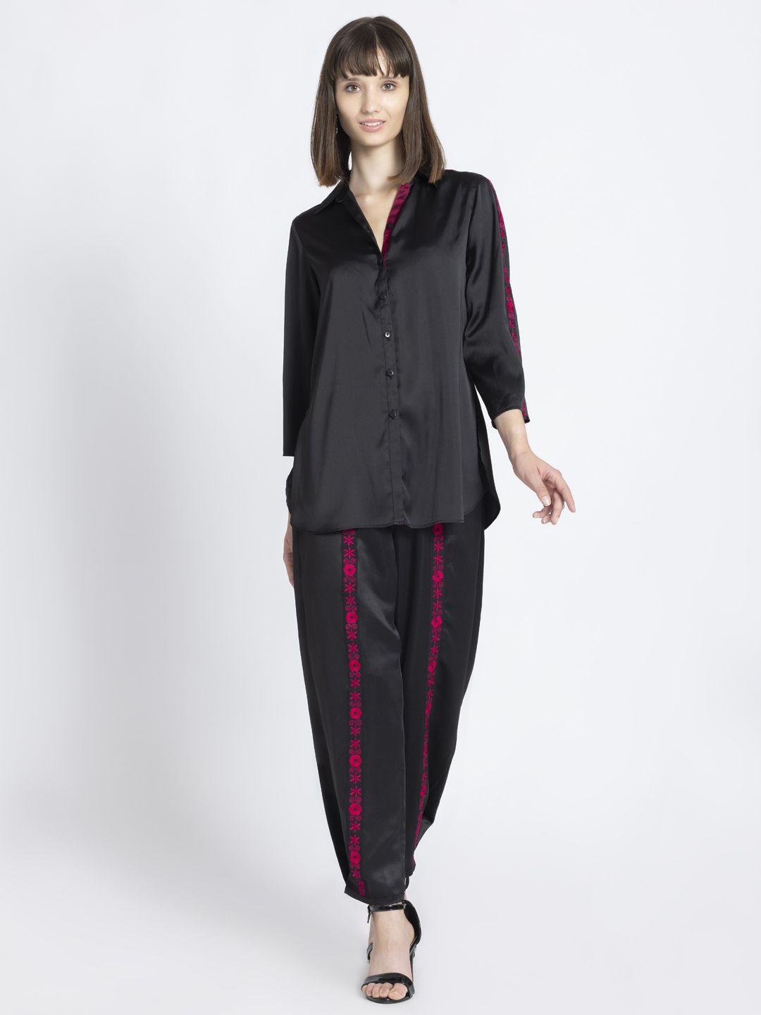 

SHAYE Embroidered Shirt Collar Tunic & Trousers, Black