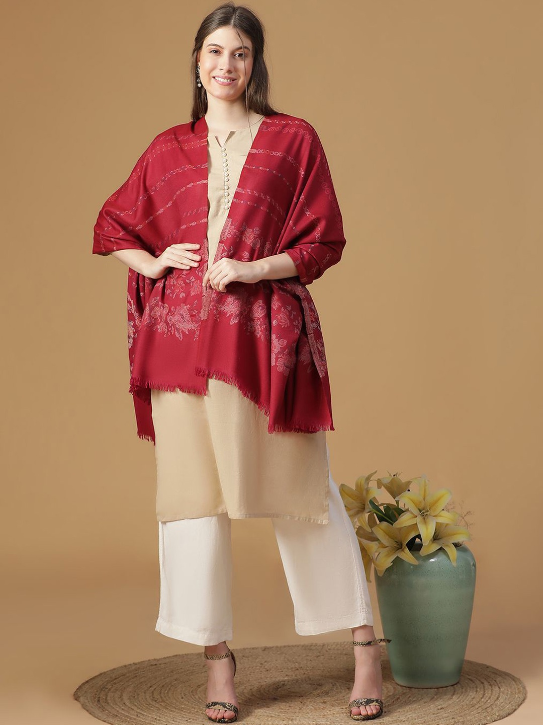 

SHINGORA Glided Elegance Floral Woven Design Jacquard Pure Woollen Shawl, Fuchsia
