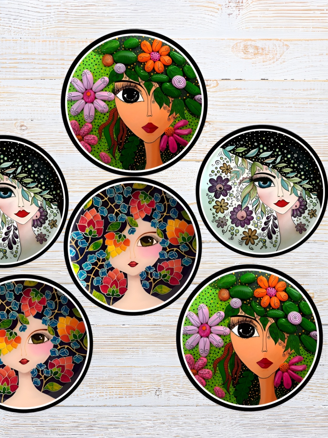 

Home Delight Green & White 6 Pieces Flower Girls Printed Round Wooden Coasters
