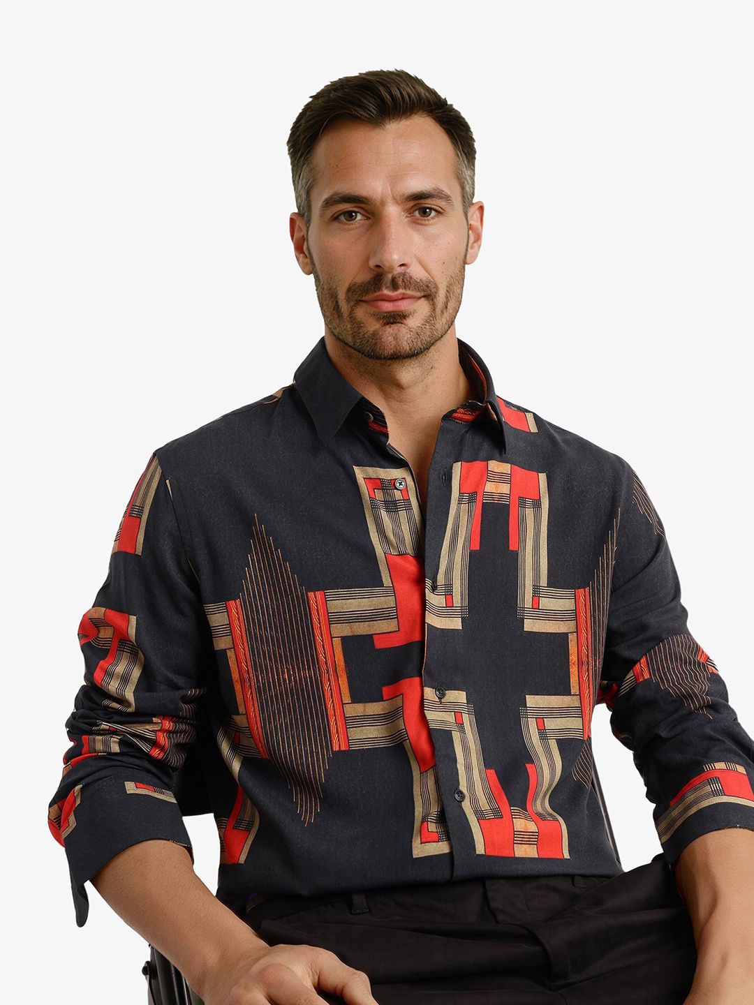 

RARE RABBIT Men Comfort Spread Collar Abstract Printed Casual Shirt, Black