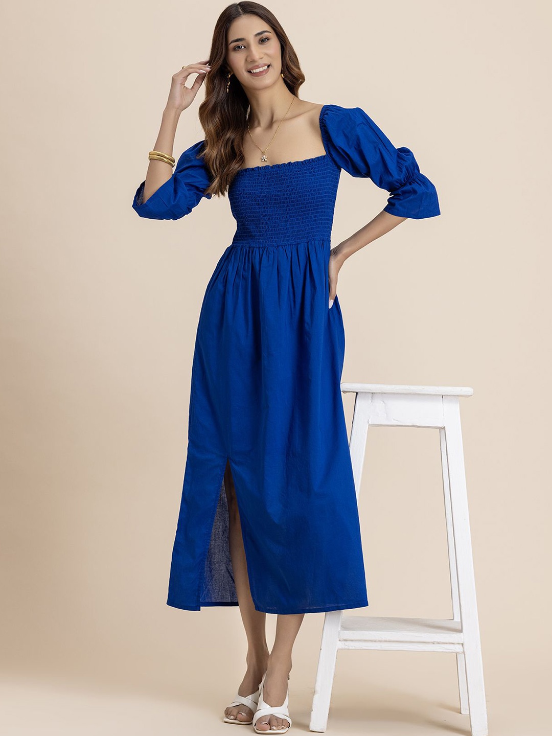 

Moomaya Solid Puff Sleeve A-Line Midi Dress, Blue