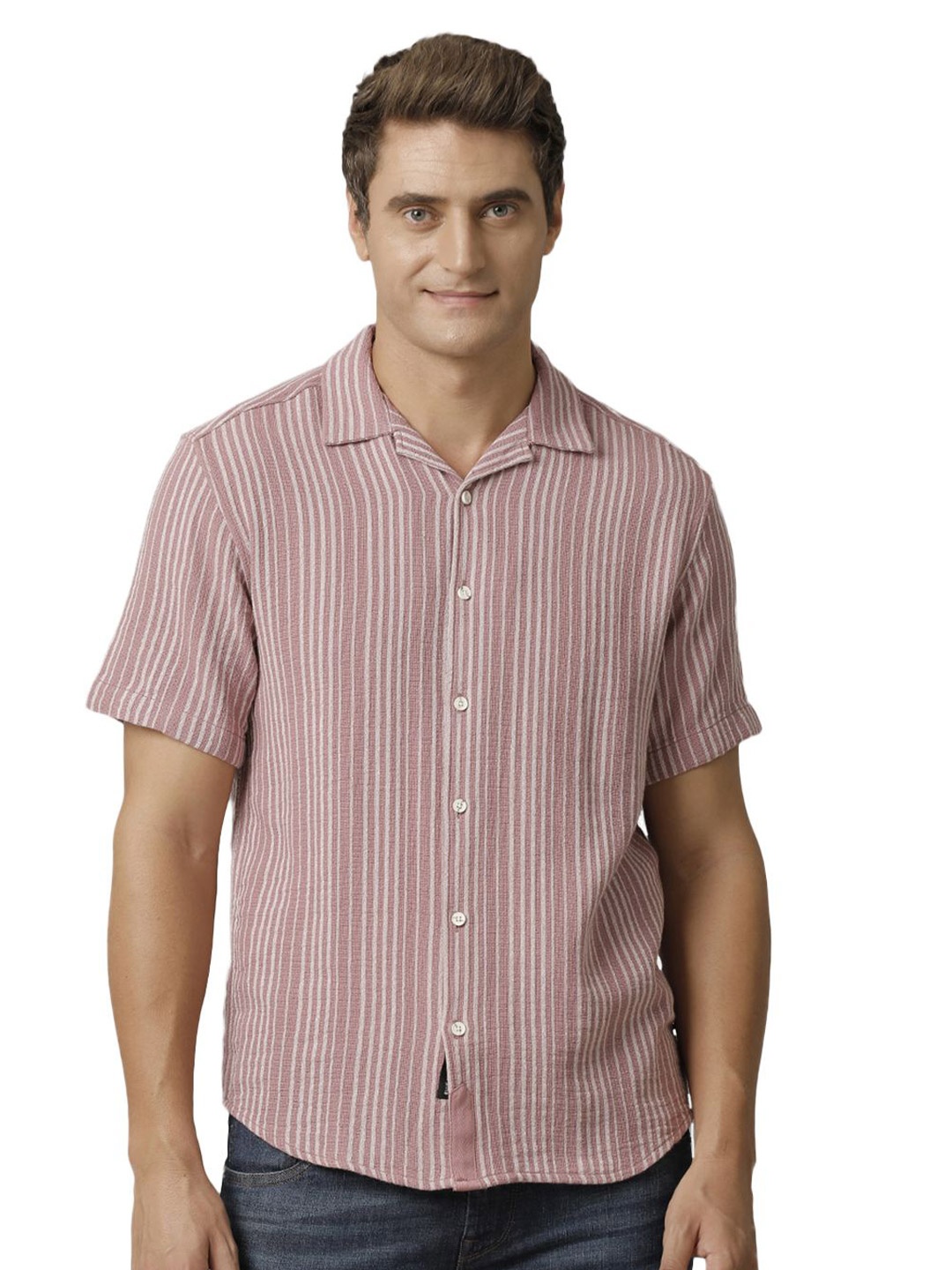 

Voi Jeans Men Cuban Collar Vertical Striped Cotton Casual Shirt, Pink