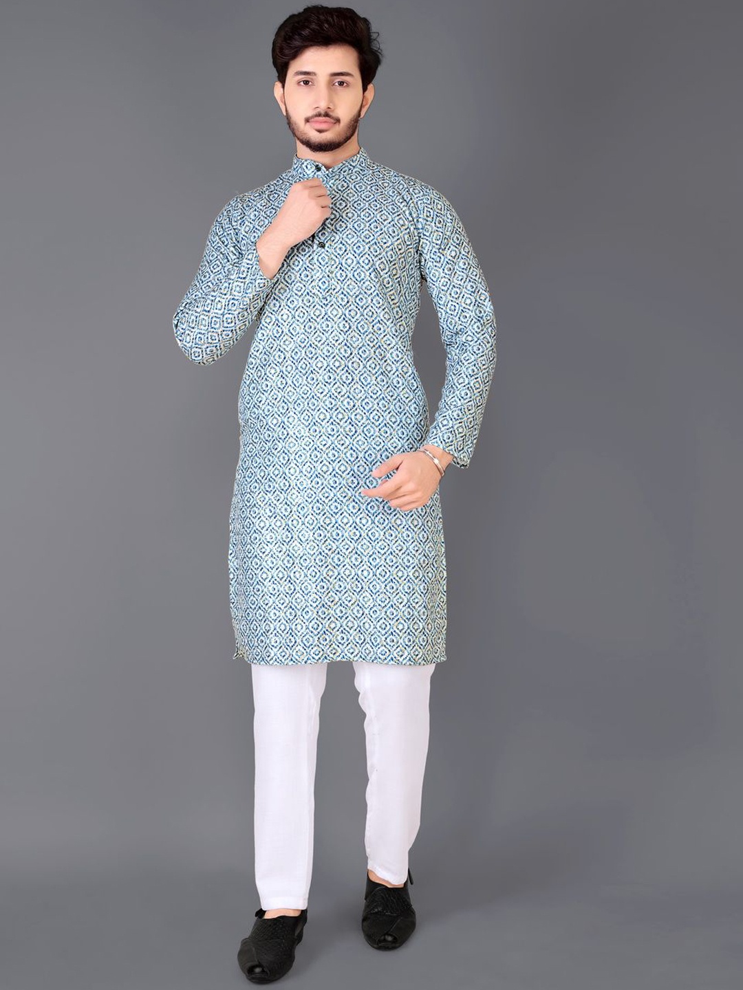 

CHARLOTTE GRACIOUS Geometric Printed Band Collar Straight Kurta, Sea green