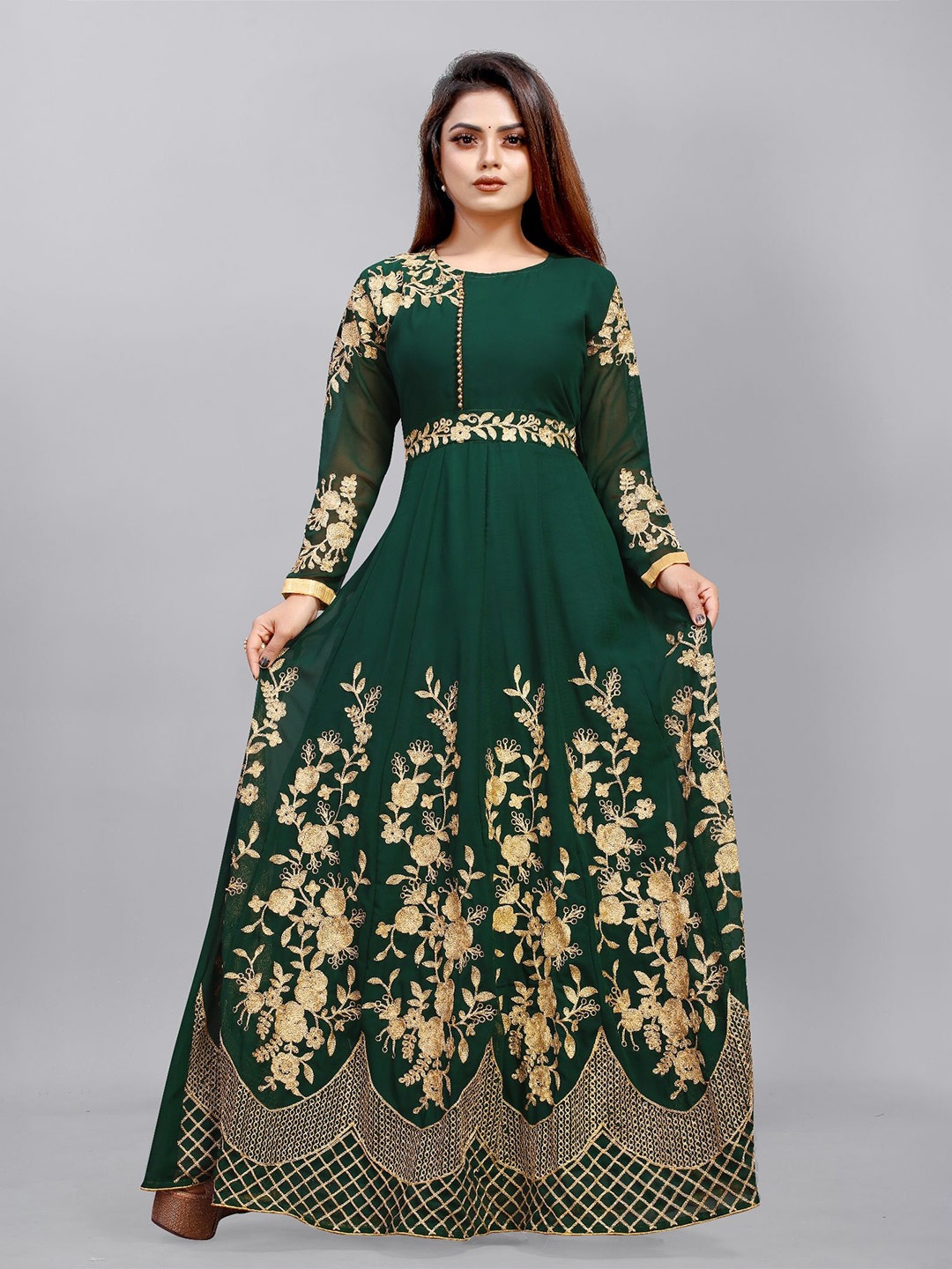 

JULEE Embroidered Georgette Ethnic Maxi Dress, Green