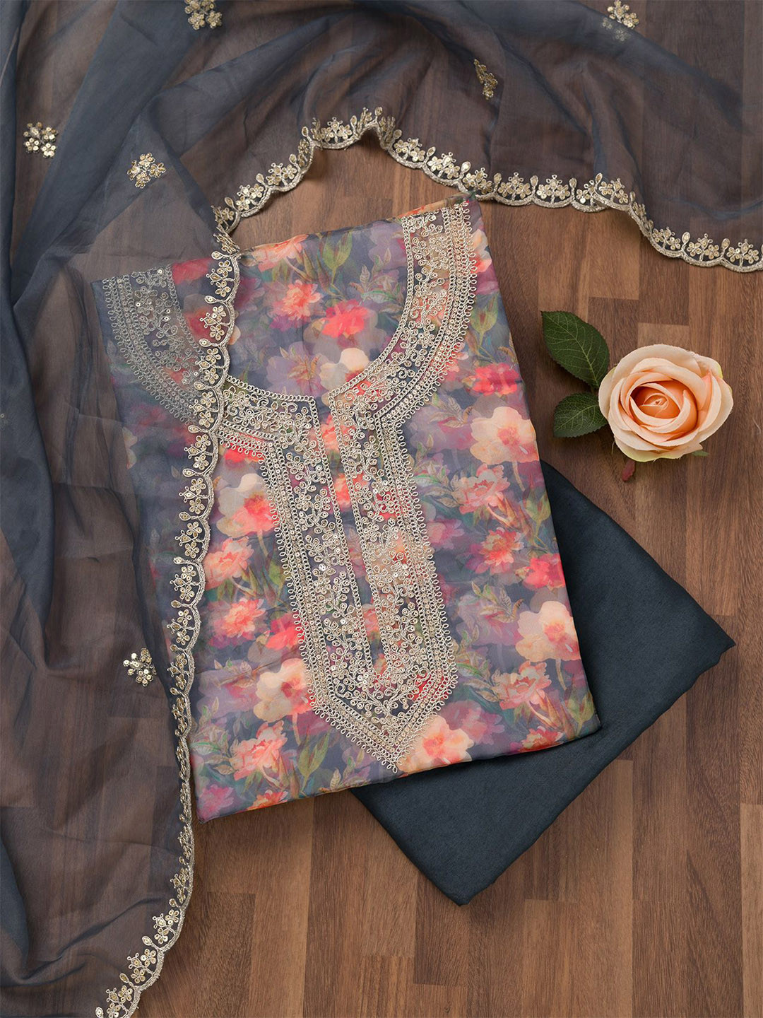 

Koskii Floral Printed Sequinned Organza Unstitched Dress Material, Grey